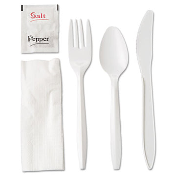 GEN Wrapped Cutlery Kit, 6.25", Fork-knife-napkin-salt-pepper, Polypropylene, White, 500-carton freeshipping - TVN Wholesale
